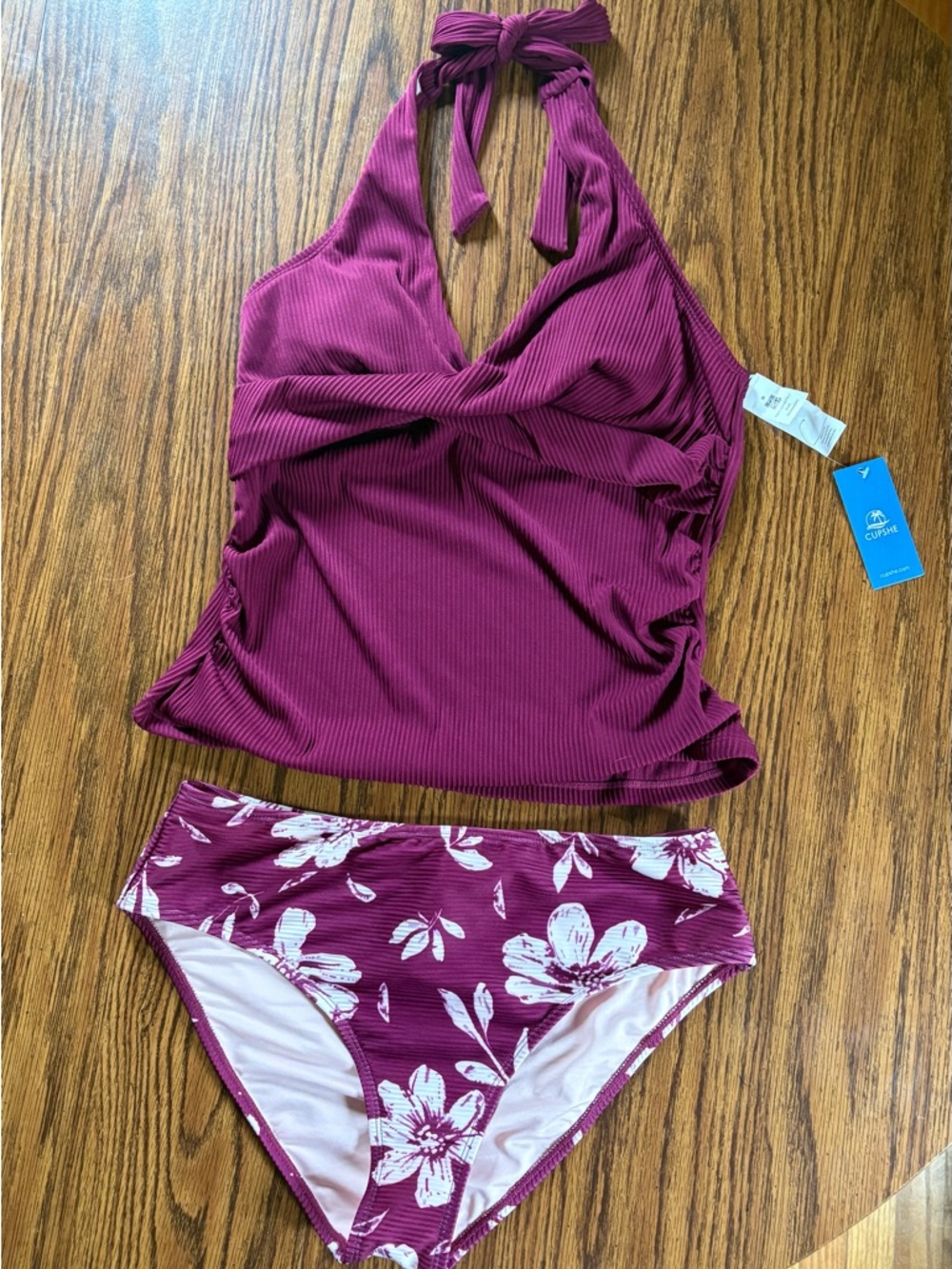 Cupshe Burgundy Floral Two-Piece Tankini Set